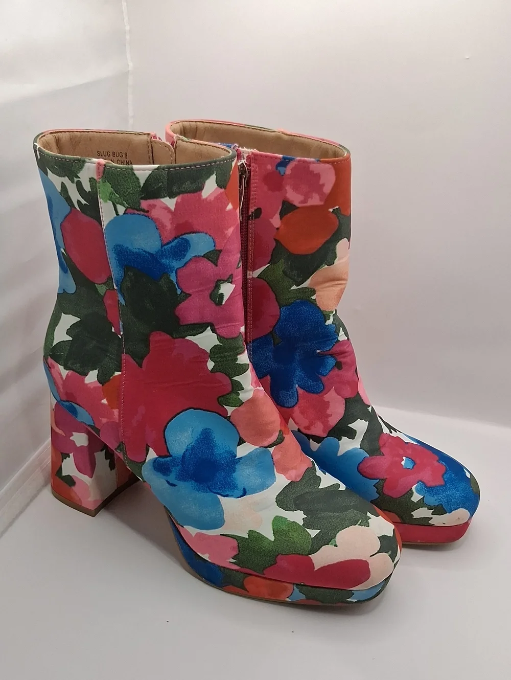 Hey Girl Corkys Floral Block Heel Ankle Slug BUG Boots - Pink Blue Multi